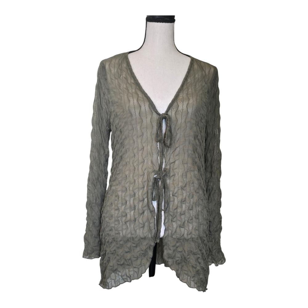 Harlow Olive Textured Sheer Knit Tie Cardigan Bell Sleeve Y2k Fairy Med Cottage
